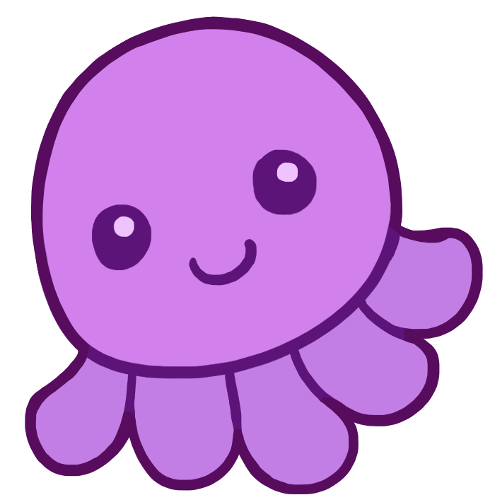 a smiling purple octopus plush with short tentacles.